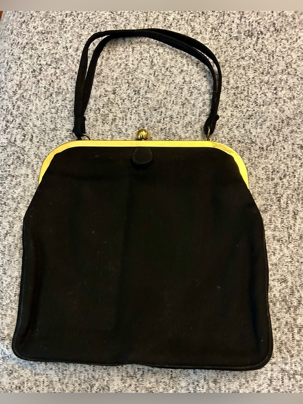 RARE 40s Virginia Art Goods Studios Black Wool Gold Trim Flat Bottom Handbag